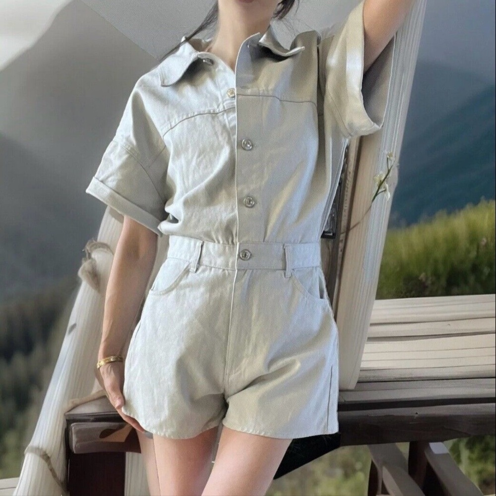 Zara 100% Cotton Denim Romper in Metallic Silver Gray New Without Tags Women’s S